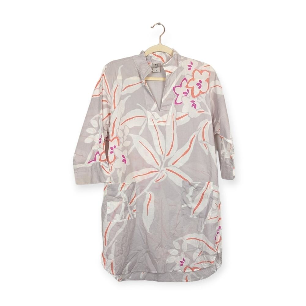 Natori Light Grey Tropical Floral Print Split Neck Tunic